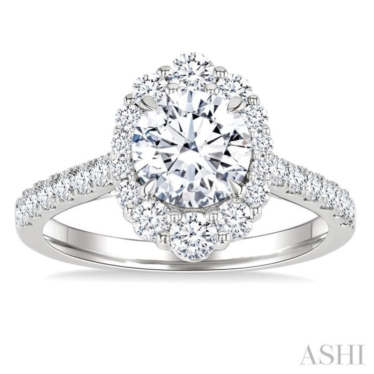 3/4 Ctw Scalloped Oval Centerpiece Circular Shape Round Cut Diamond Semi-Mount Engagement Ring in 14K White Gold