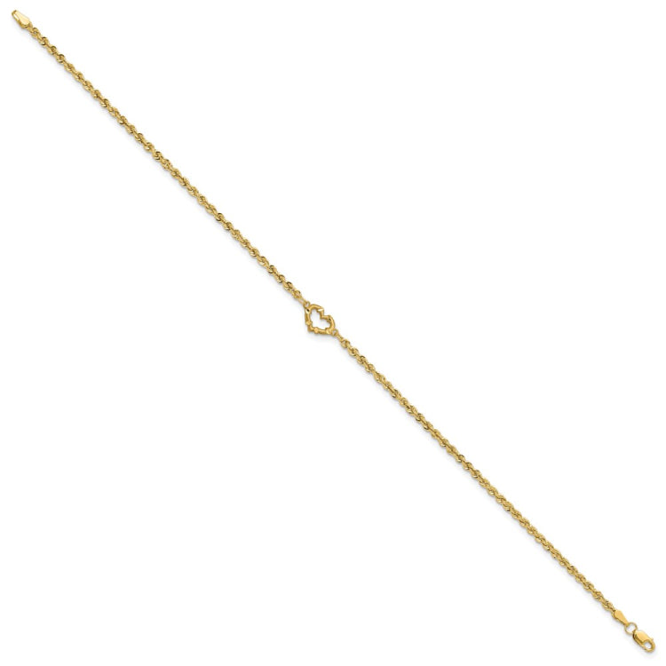 14k Diamond-cut Open Heart and Rope Chain 10 inch Anklet