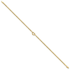 14k Diamond-cut Open Heart and Rope Chain 10 inch Anklet