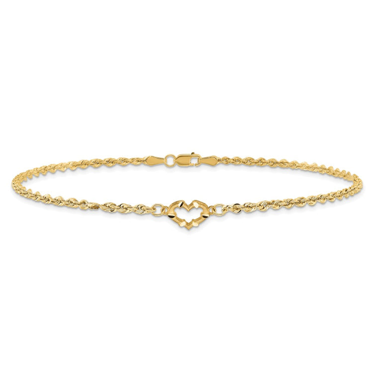 14k Diamond-cut Open Heart and Rope Chain 10 inch Anklet