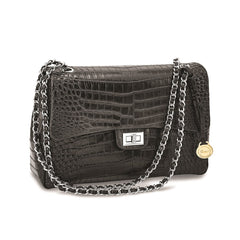Luxury Giftware by Jere Top Grain Leather Croc Texture Black Chain Strap Handbag with Zip Pocket, 2 Slip Pockets, and Key Fob