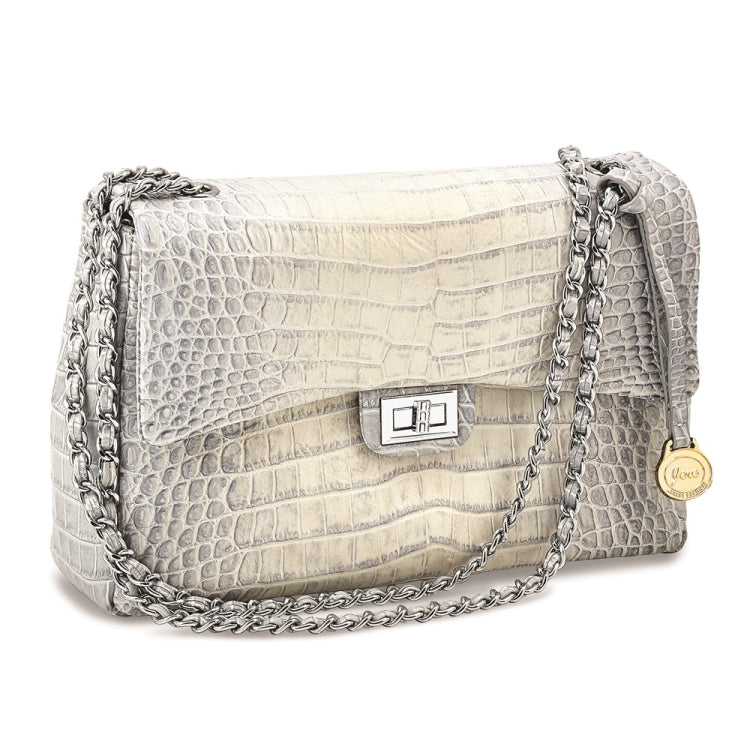 Top Grain Leather Croc Texture Silver-Grey Chain Strap Handbag with Zip Pocket, 2 Slip Pockets, and Key Fob