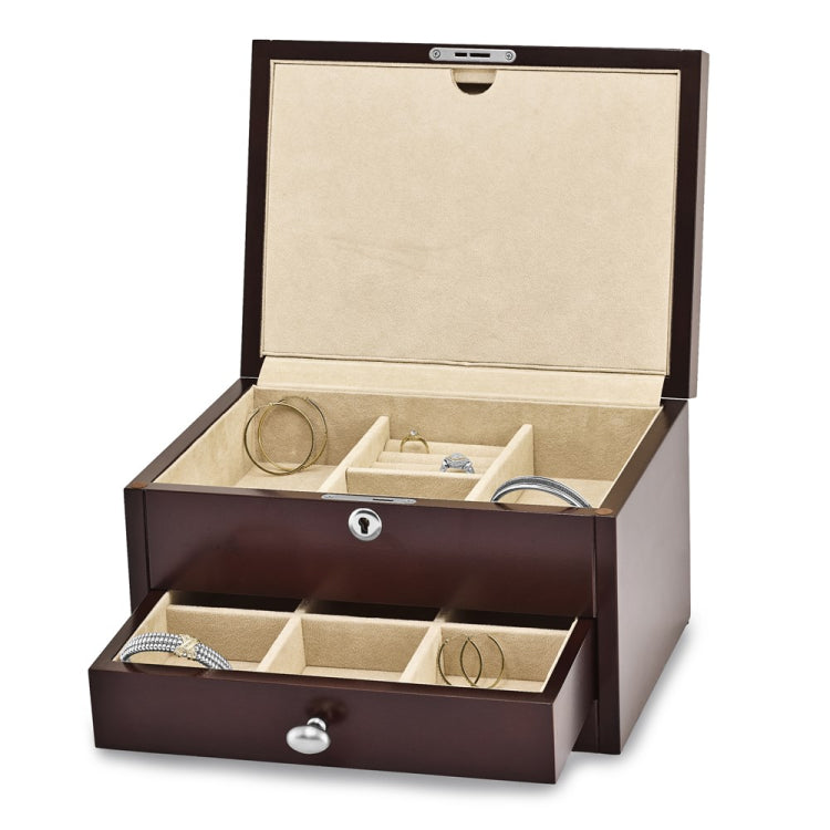 Luxury Giftware Matte Mahogany Finish Poplar Veneer 1-drawer w/Hidden Storage Locking Wooden Jewelry Chest
