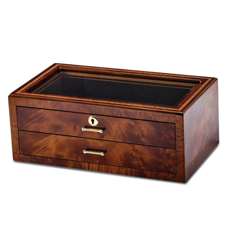 Luxury Giftware Inlay Wood Veneer Glass Window 2 Drawer Locking Collector Box