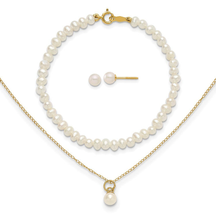 14k Madi K White Freshwater Cultured Pearl 15 inch Necklace/Post Earrings/5.5 inch Bracelet 3-piece Set