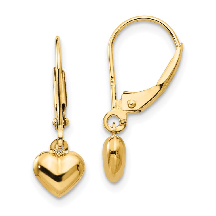 14k Madi K Puffed Polished Heart Drop Childrens Leverback Earrings