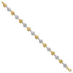 14K Two-tone Hammered Hearts 7 inch Bracelet