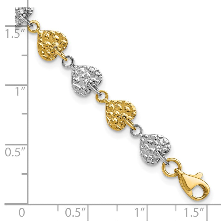 14K Two-tone Hammered Hearts 7 inch Bracelet