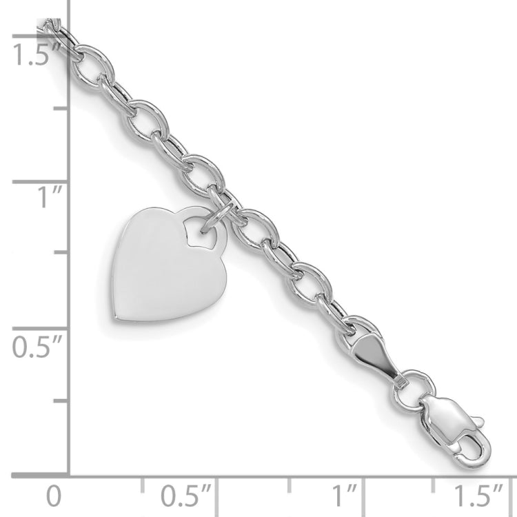 14k White Gold Engravable 14x10mm Solid Dangle Heart Charm and Hollow Chain 7.5 inch Bracelet