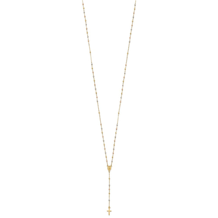 14k Tri-color Cross and Miraculous Medal with Laser-cut Beads 17 inch Rosary Necklace Plus 3 inch Extender