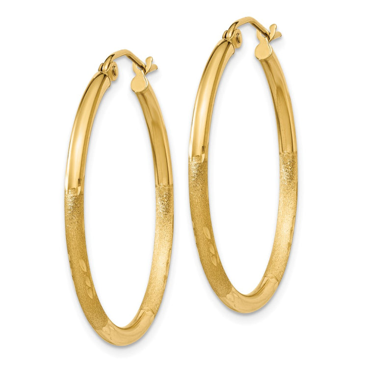 14k 2x30mm Satin Diamond-cut Round Tube Hoop Earrings