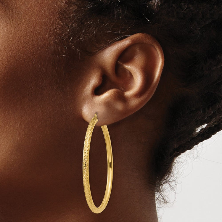 14k 3x50mm Diamond-cut Round Tube Hoop Earrings