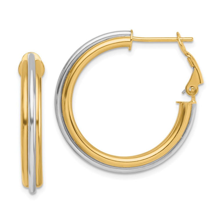 14K Two-tone 4x28mm Polished Omega Back Tube Hoop Earrings