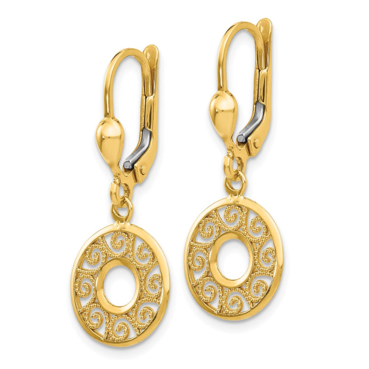 14k Filigree Circle Dangle Leverback Earrings