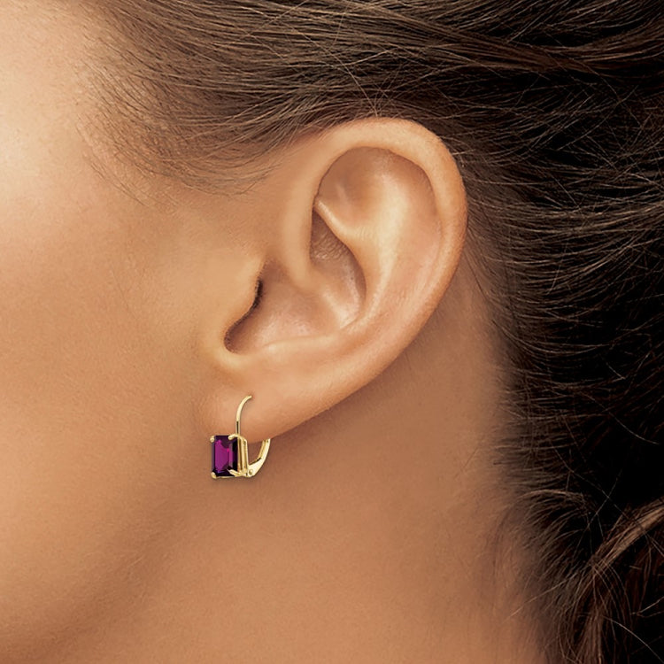 14k 7x5mm Emerald-cut Amethyst Leverback Earrings