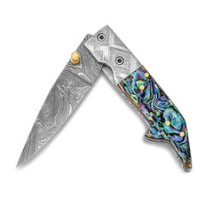 Damascus Steel 256 Layer Folding Blade Abalone Handle Knife