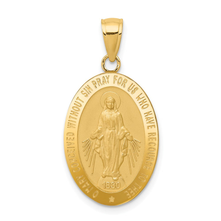 14k Polished and Satin Solid Miraculous Medal Oval Pendant