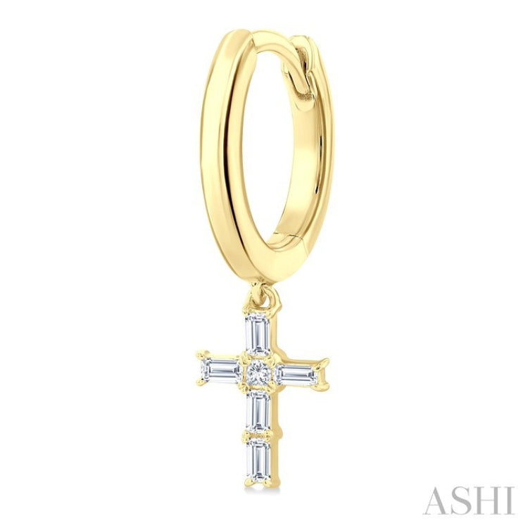 1/5 Ctw Princess and Baguette Cut Diamond Cross Petite Fashion Hoop Earrings in 10K Yellow Gold