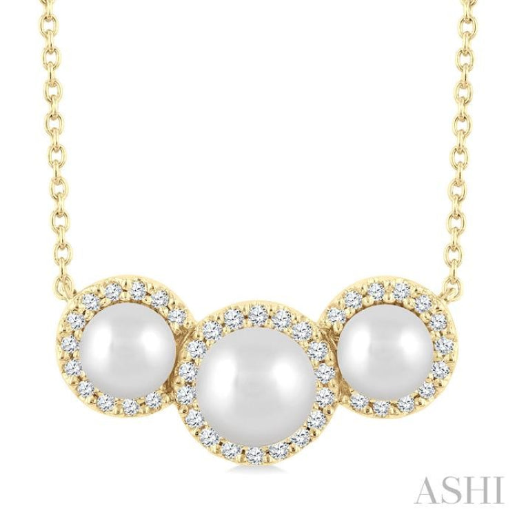 5 MM & 4 MM Cultured Pearl and 1/6 Ctw Round Cut Diamond Halo Pendant With Chain in 14K Yellow Gold