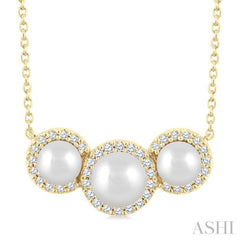 5 MM & 4 MM Cultured Pearl and 1/6 Ctw Round Cut Diamond Halo Pendant With Chain in 14K Yellow Gold