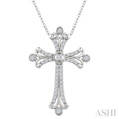 1/3 Ctw Cross Round Cut Diamond Fashion Pendant With Chain in 14K White Gold