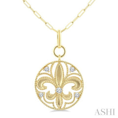 1/4 Ctw Fleur De Lis Round Cut Diamond Fashion Medallion Pendant With Chain in 14K Yellow Gold