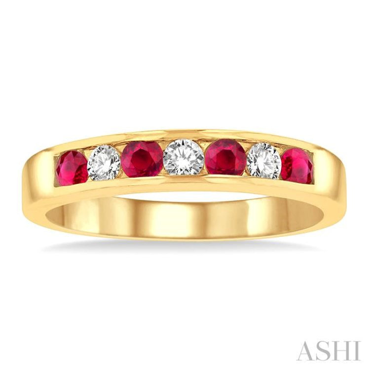 2.5 MM Round Cut Ruby and 1/5 Ctw Channel Set Round Cut Diamond Band in 14K Yellow Gold