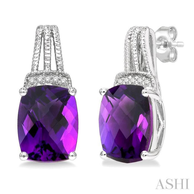 9X7 MM Cushion Shape Amethyst and 1/50 Ctw Looped Round Cut Diamond Semi-Precious Earrings in Sterling Silver