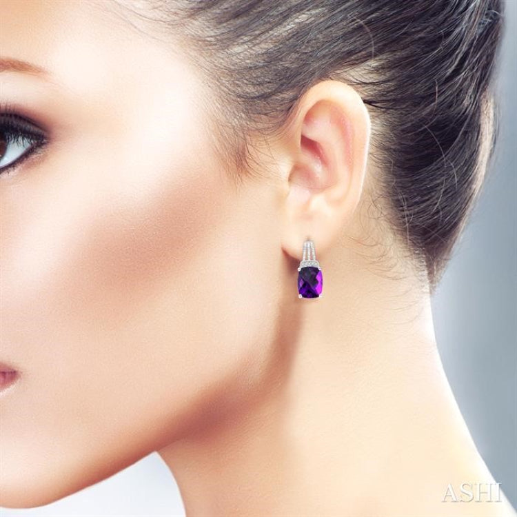 9X7 MM Cushion Shape Amethyst and 1/50 Ctw Looped Round Cut Diamond Semi-Precious Earrings in Sterling Silver