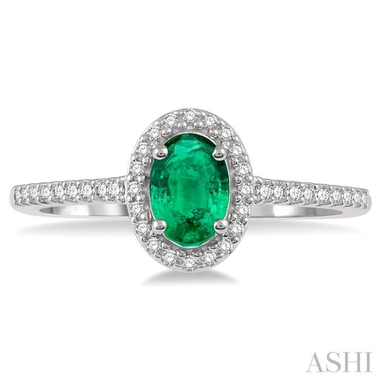6X4 MM Oval Shape Emerald and 1/5 Ctw Round Cut Diamond Precious Ring in 10K White Gold