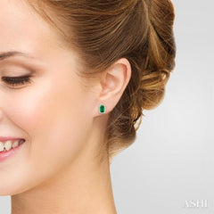 5x3 MM Octagonal Shape Emerald and 1/8 Ctw Round Cut Diamond Halo Precious Stud Earrings in 10K Yellow Gold