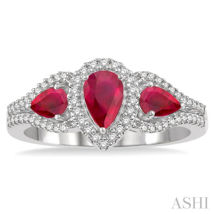 6X4 MM & 5X3 MM Triple Pear Shape Ruby and 1/5 Ctw Round Cut Diamond Precious Past Present and Future Ring in 10K White Gold