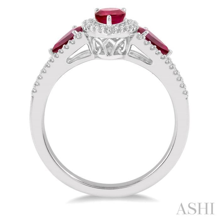 6X4 MM & 5X3 MM Triple Pear Shape Ruby and 1/5 Ctw Round Cut Diamond Precious Past Present and Future Ring in 10K White Gold