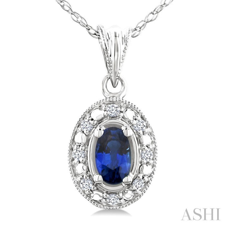 5x3 MM Oval Shape Sapphire and 1/20 Ctw Round Cut Diamond Pendant in 14K White Gold with Chain