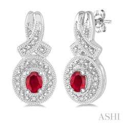 4X3 MM Oval Cut Ruby and 1/20 Ctw Round Cut Diamond Earrings in Sterling Silver