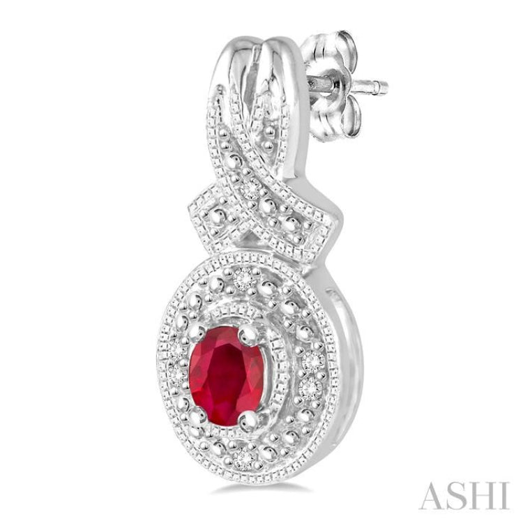 4X3 MM Oval Cut Ruby and 1/20 Ctw Round Cut Diamond Earrings in Sterling Silver