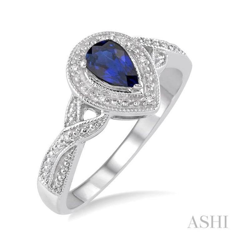 6X4 MM Pear Shape Sapphire and 1/50 Ctw Round Cut Diamond Ring in Sterling Silver