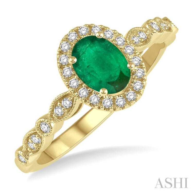 6x4 MM Oval Shape Emerald and 1/6 Ctw Round Cut Diamond Precious Ring in 10K Yellow Gold
