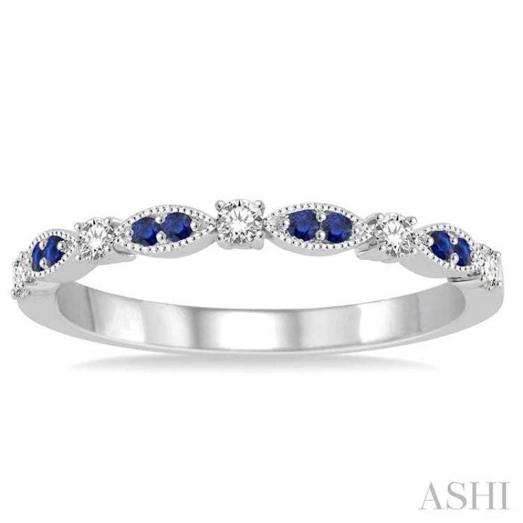 1.35 MM Sapphire and 1/6 Ctw Round Cut Diamond Precious Stone Wedding Band in 14K White Gold