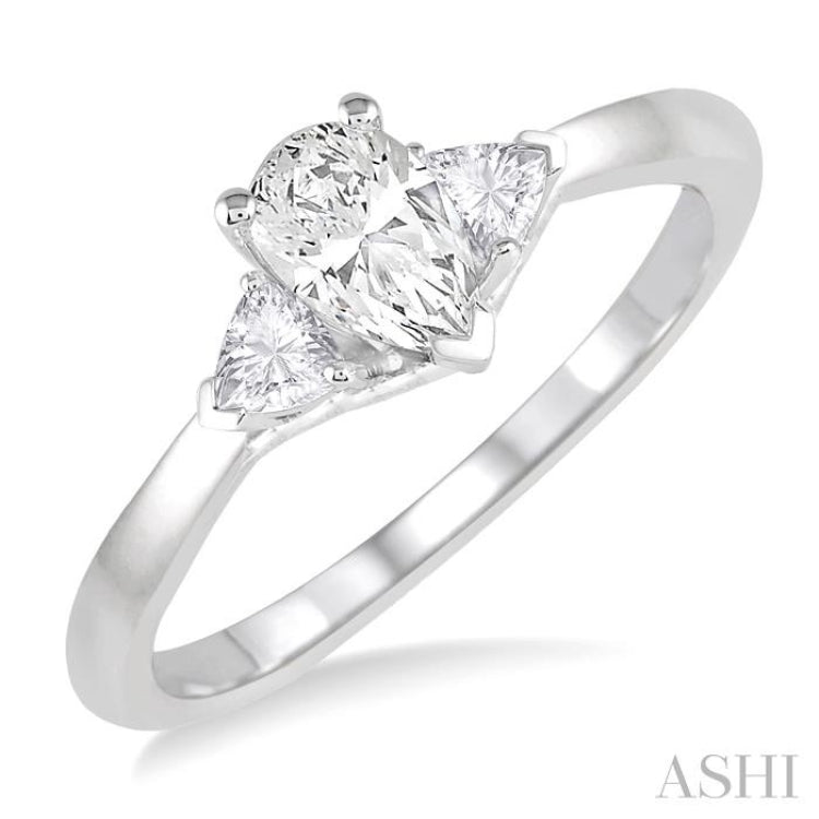 3/4 Ctw Pear and Triangle Cut Diamond Ladies Engagement Ring with 1/2 Ct Pear Cut Center Stone in 14K White Gold