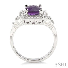 9X7 MM Cushion Shape Amethyst and 1/10 Ctw Round Cut Diamond Ring in Sterling Silver