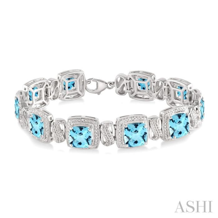 7X7 MM Cushion Shape Blue Topaz and 1/10 Ctw Round Cut Diamond Square Shape Bracelet in Sterling Silver