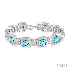 7X7 MM Cushion Shape Blue Topaz and 1/10 Ctw Round Cut Diamond Square Shape Bracelet in Sterling Silver