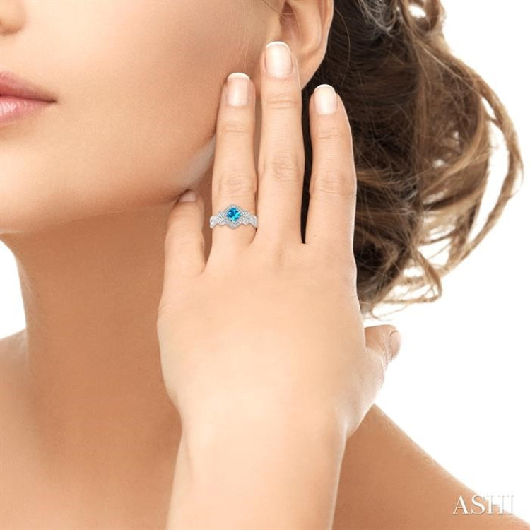5X5 MM Cushion Shape Blue Topaz and 1/50 Ctw Round Cut Diamond Sterling Silver Ring