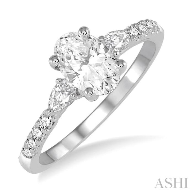 7/8 Ctw Pear & Round Cut Diamond Engagement Ring With 1/2 Ct Oval Cut Center Stone in 14K White Gold