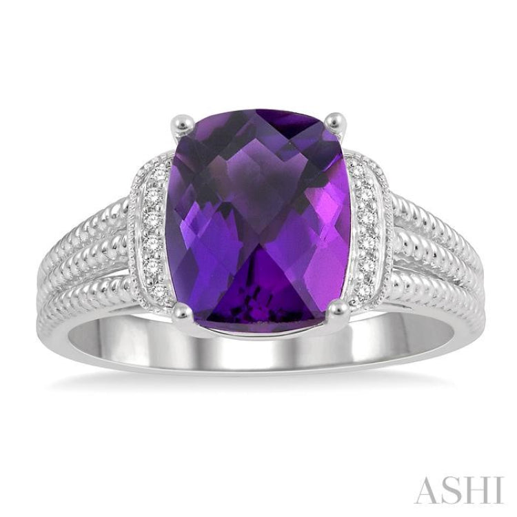 10X8 MM Cushion Shape Amethyst and 1/20 Ctw Round Cut Diamond Semi-Precious Ring in Sterling Silver