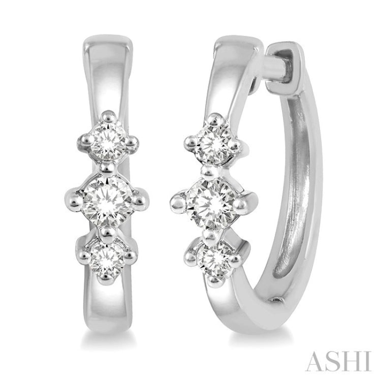 1/6 Ctw Three Stone Round Cut Diamond Huggie Petite Earrings in 14K White Gold