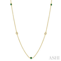 2.25 MM Emerald and 1/4 Ctw Round Cut Diamond Precious Station Necklace in 14K Yellow Gold
