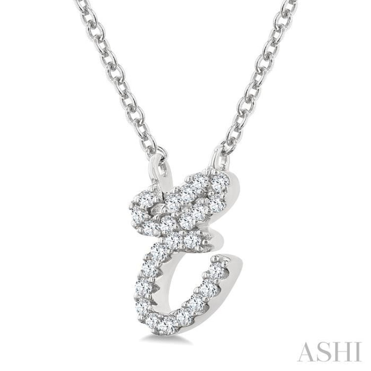 1/20 Ctw Initial 'E' Round cut Diamond Pendant With Chain in 10K White Gold