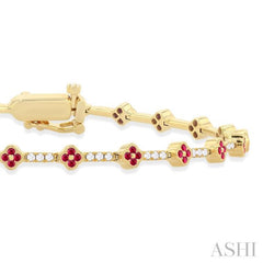 1 MM Round Shape Ruby and 1/2 Ctw Clover Leaf & Bar Link Round Cut Diamond Precious Bracelet in 14K Yellow Gold